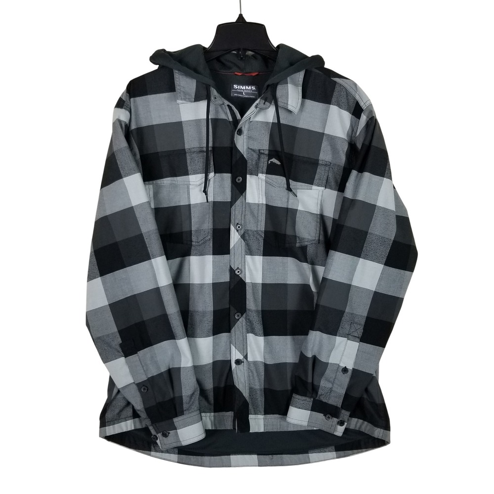 Simms Hooded Flannel Shirt Mens L Grey Black Buffalo Plaid Waffle Lined J8